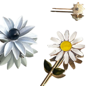 Set of Three Enamel Flower Broaches Pins Vintage Goldtone Daisy White Pearl